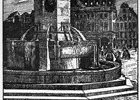 Postkartengrafik, die den Brunnen zu Füßen des Rostocker Rathauses zeigt (1914 Sammlung: Wilfried Steinmüller)